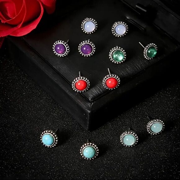 6 Pairs Colorful Round Gemstone Silver Stud Earrings Set Minimalist Classic New - Picture 3 of 6